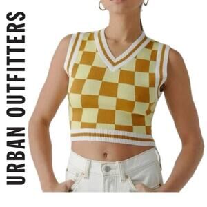 URBAN OUTFITTERS VEST KNITTED CHECKERED CROPPED YELLOW AND BROWN SIZE SMALL